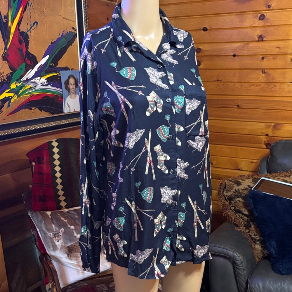 Eddie Bauer Vintage Navy Blue Ski Lodge Patterned Button Down Shirt Size XS
